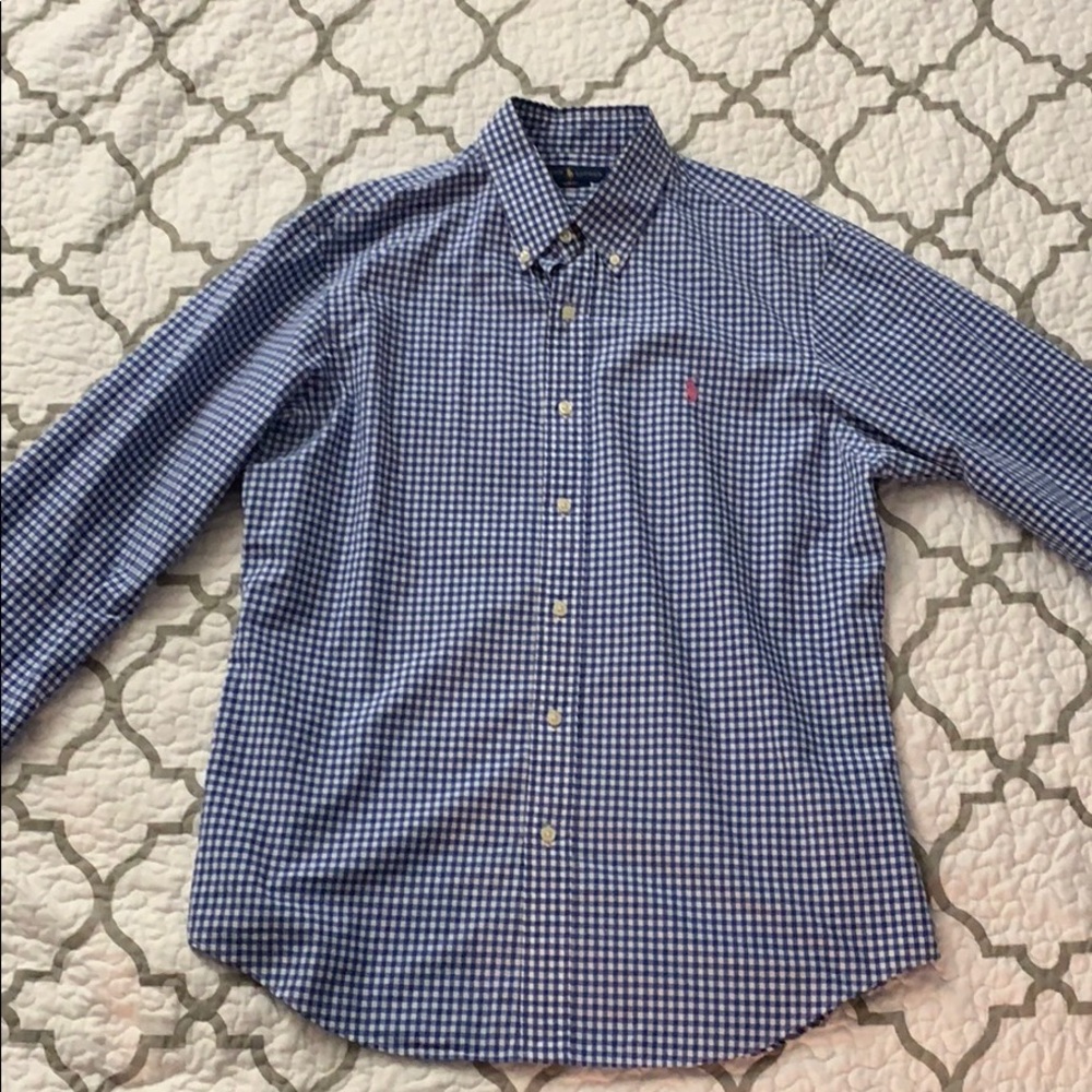 Men’s Polo Blue Gingham Slim Fit shirt Size L -EUC